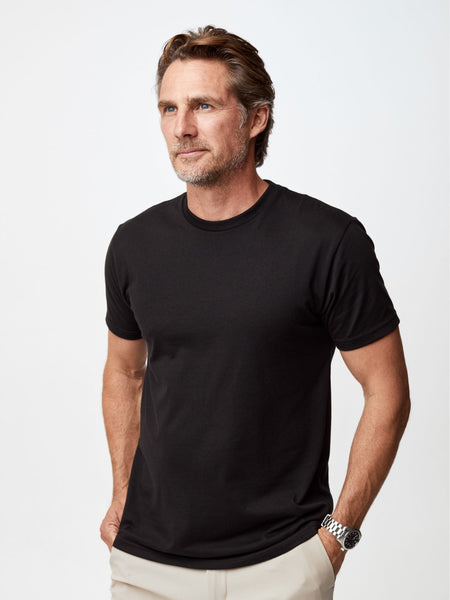 Ariel is 6'1, 175lbs and wears a size M # Black Crew Tee for Men | Fresh Clean Threads