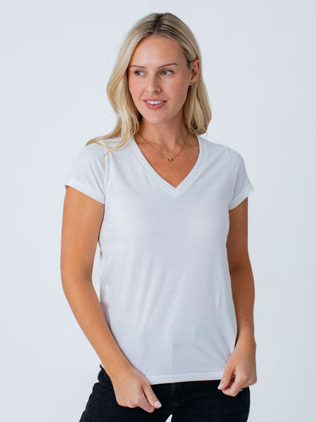 Maddy is 5'8", size 4 and wears a size S # Women's Basic Tees | White V-Neck | Fresh Clean Threads